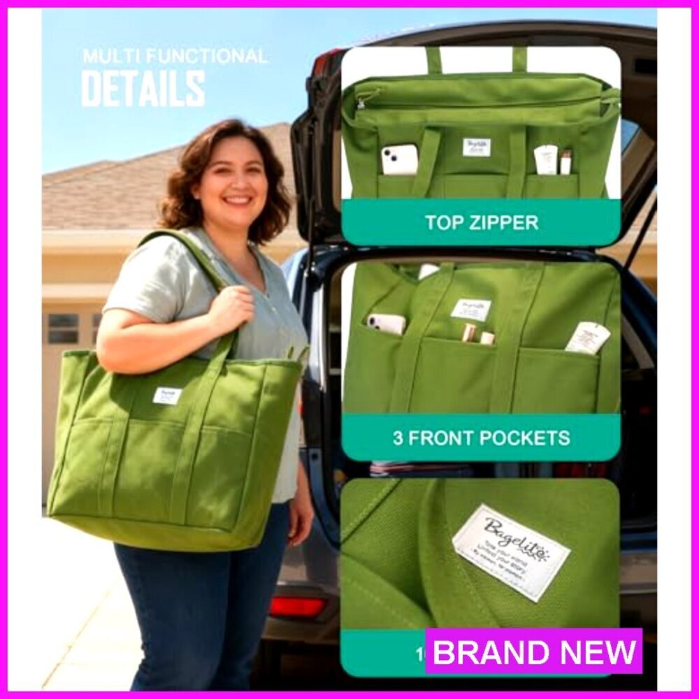 Extra Large Canvas Tote Bag with Zipper, Multiple Pockets, Laptop Sleeve - Picture 3 of 7